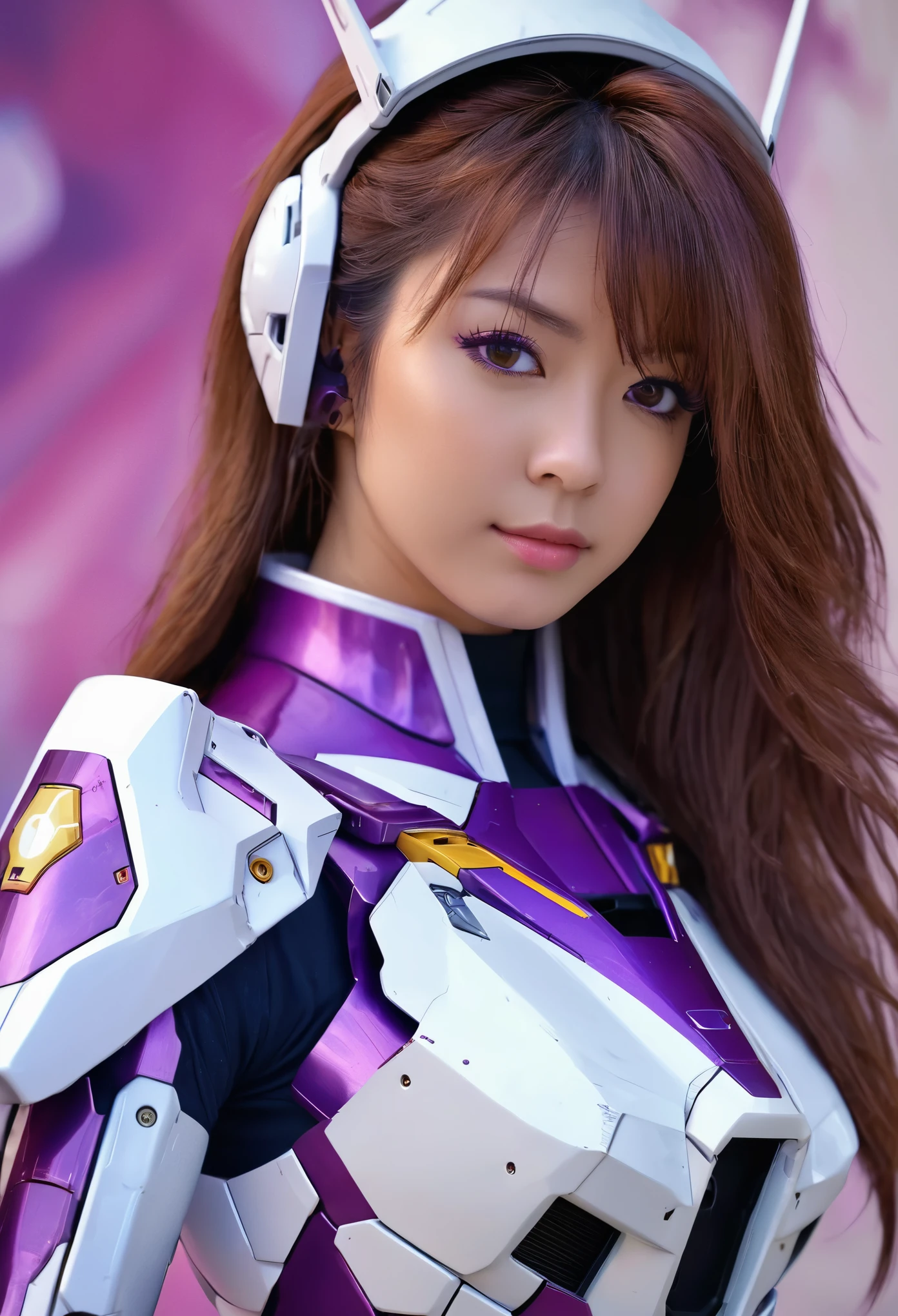 RAW, Masterpiece, Ultra Fine Photo,, Best Quality, Ultra High Resolution, Photorealistic, Sunlight, Full Body Portrait, Stunningly Beautiful,, Dynamic Poses, Delicate Face, Vibrant Eyes, a full body of a woman in a purple and white gundam custume, dybamic pose, very long brown very very long hair rapunzel very silky, girl in mecha cyber armor, portrait armored astronaut girl, d. va from overwatch, female mecha, on a gundam, gundam head, chiho aoshima color scheme, mobile suit, streamlined purple armor, fully robotic!! girl, realistic cosplay, gundam armor (dynamic pose) (best cameraview), full body, sit down, full body