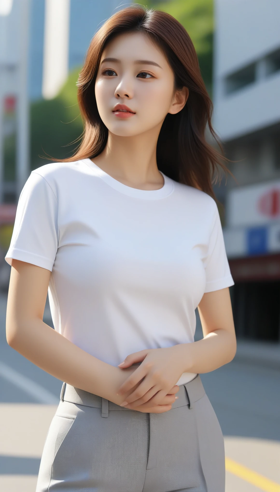 close-up of beautiful korean female, 34 inch breasts size, wearing  t-shirt, pants, arm crossed, at street side, under the sun shine, UHD