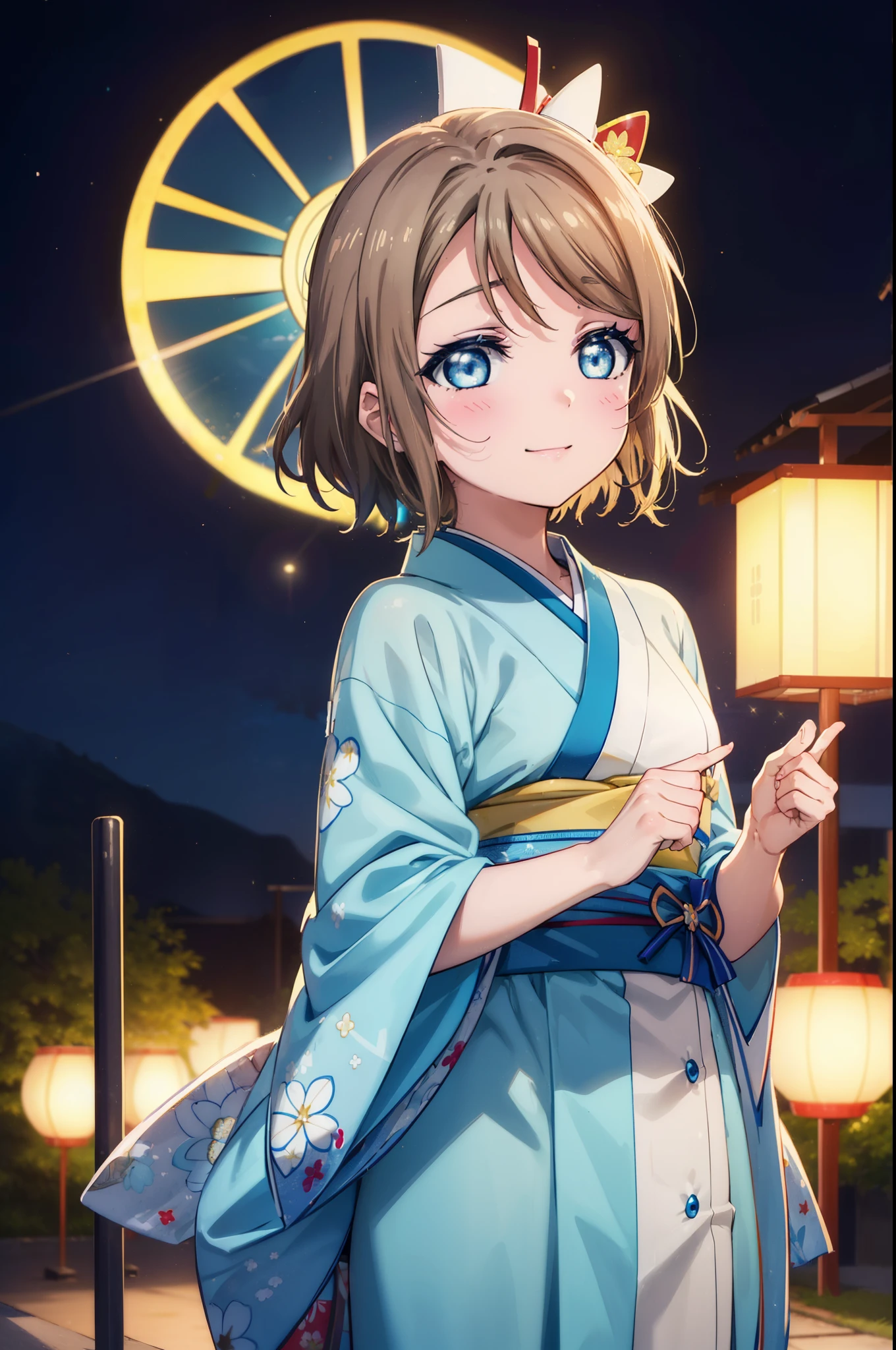 Yowatanabe, Watanabe Yo, short hair, blue eyes, brown hair, blush,Blue hair band,happy smile, smile, Open your mouth,Blue Kimono,White tabi sandals,日本のfestival，夏festivalの屋台、Red lantern,Fireworks display,night,moonlight,
break outdoors, festival,
break looking at viewer, (Cowboy Shot:1.5),
break (masterpiece:1.2), highest quality, High resolution, unity 8k wallpaper, (figure:0.8), (Beautiful fine details:1.6), Highly detailed face, Perfect lighting, Highly detailed CG, (Perfect hands, Perfect Anatomy),