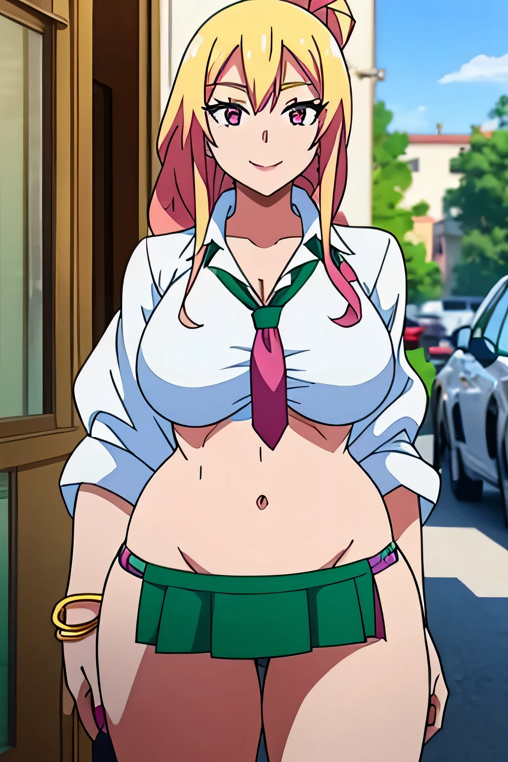 A happy popular girl smiling, big chest, long straight yellow hair, purple eyes, she wears a long white school shirt with a tied knot, she shows her navel and a green miniskirt and she is wearing a sweater, tied her navel and she is wearing a golden bracelet. 