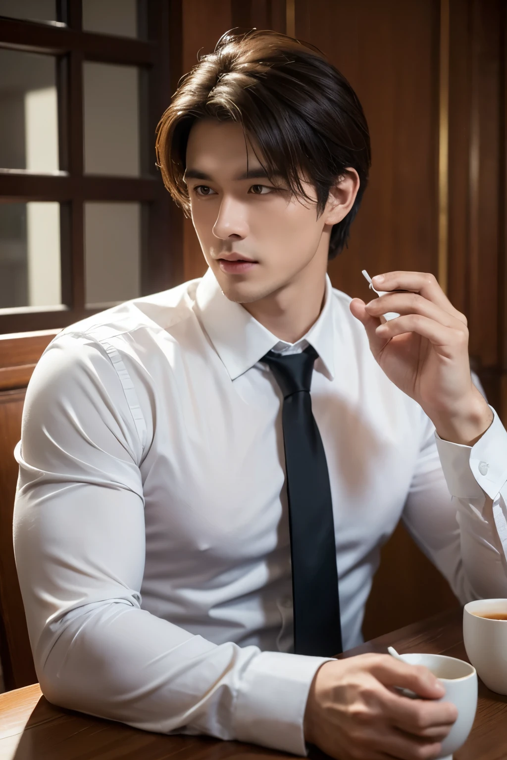 1man,
a 30 y.o muscular male wearing long-sleeve white shirt and tie, drinking coffee,
soft lighting,
masterpiece, best quality, 8k uhd, dslr, film grain, Fujifilm XT3 photorealistic painting art by midjourney and greg rutkowski