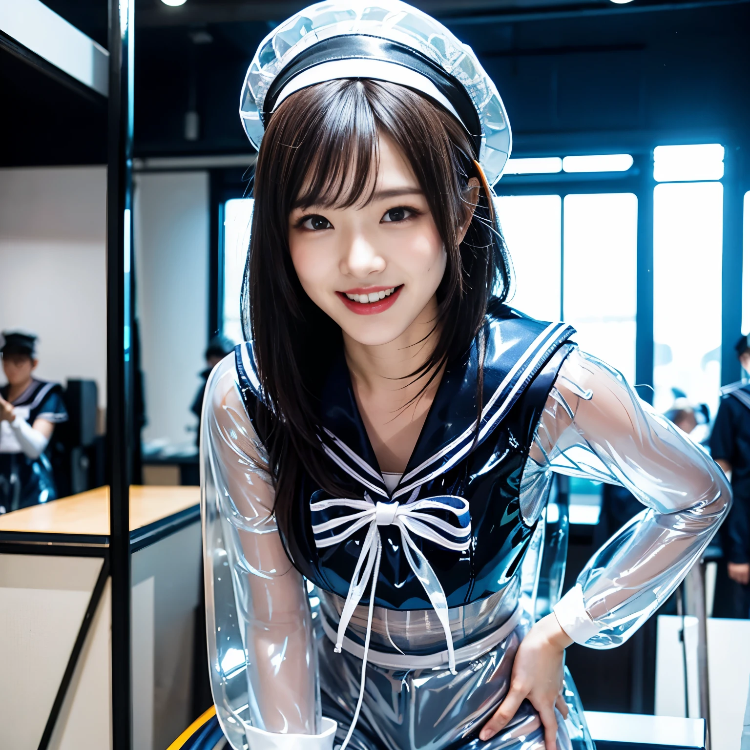 A young and beautiful woman、very beautiful、Top Idol、(Concert)、Euphoric look、smile、sweating、Dance hard、Hair is moving、((Tight transparent latex sailor suit:1.45))、(ribbon、Sailor Hat)、Spotlight、View your viewers、