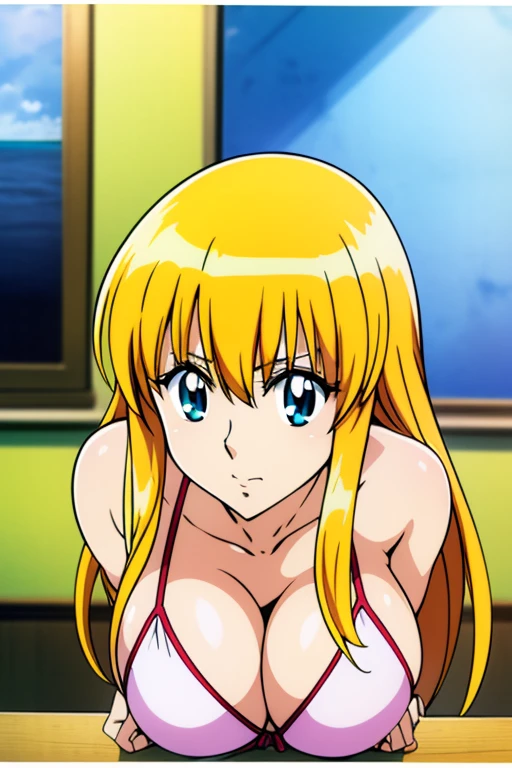 (anime cels style, Masterpiece, best quality, high resolution, anime colored, megami magazine:1.2, anime poster style, anime keyvisual, sharp, 8k, photorealistic), (beautiful eyes:1.5), reiko_aiwaifu, 1woman, milf, blond hair, long hair, (sagging huge breast), micro bikini, cleavage, (upper body:1.5), sitting, (perfect detailed anatomy, perfect arms, perfect fingers, beautiful face, perfect body, shiny skin), beach,