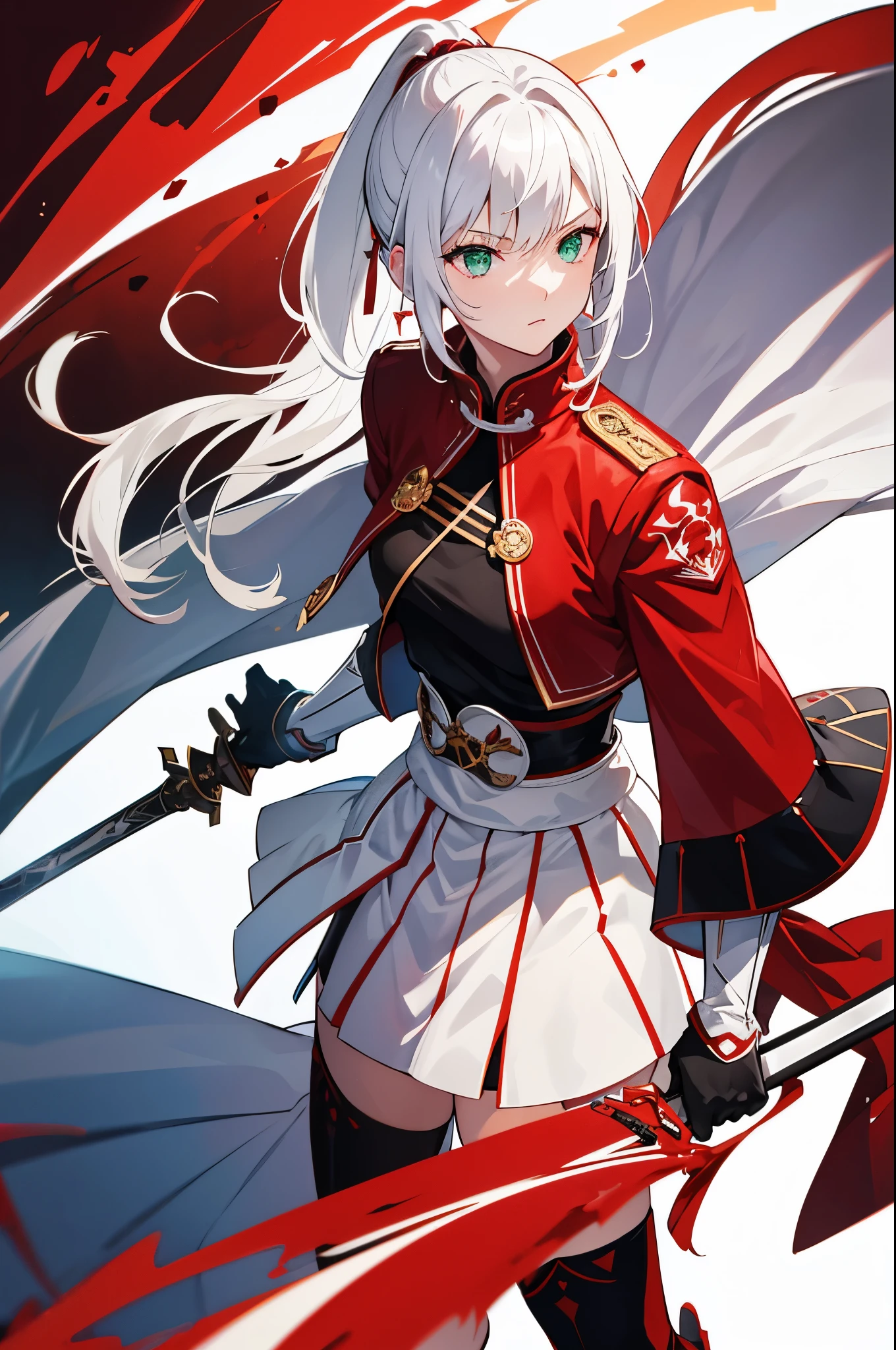 4k,hight resolution,One Woman,White hair,Short ponytail,Green eyes,Red Hero's Clothing,White samurai armor,Long red gloves,Long red boots,Black spats,Excalibur