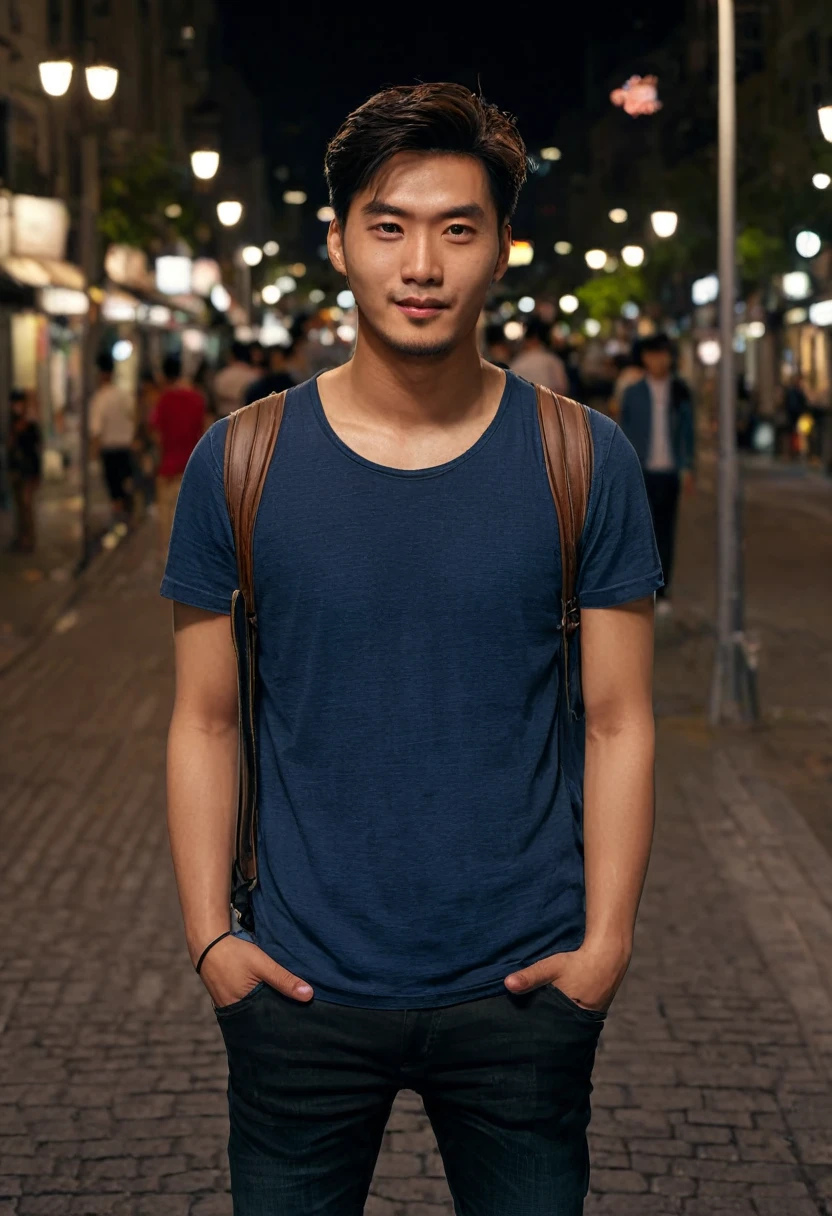 ((masterpiece)),(((best quality))),(character design sheet,same character,front,side,back),iRAW photo, a portrait photo of 25 y.o man in casual clothes, night, city street, (high detailed skin:1.2), 8k uhd, dslr, soft lighting, high quality, film grain, Fujifilm XT3
