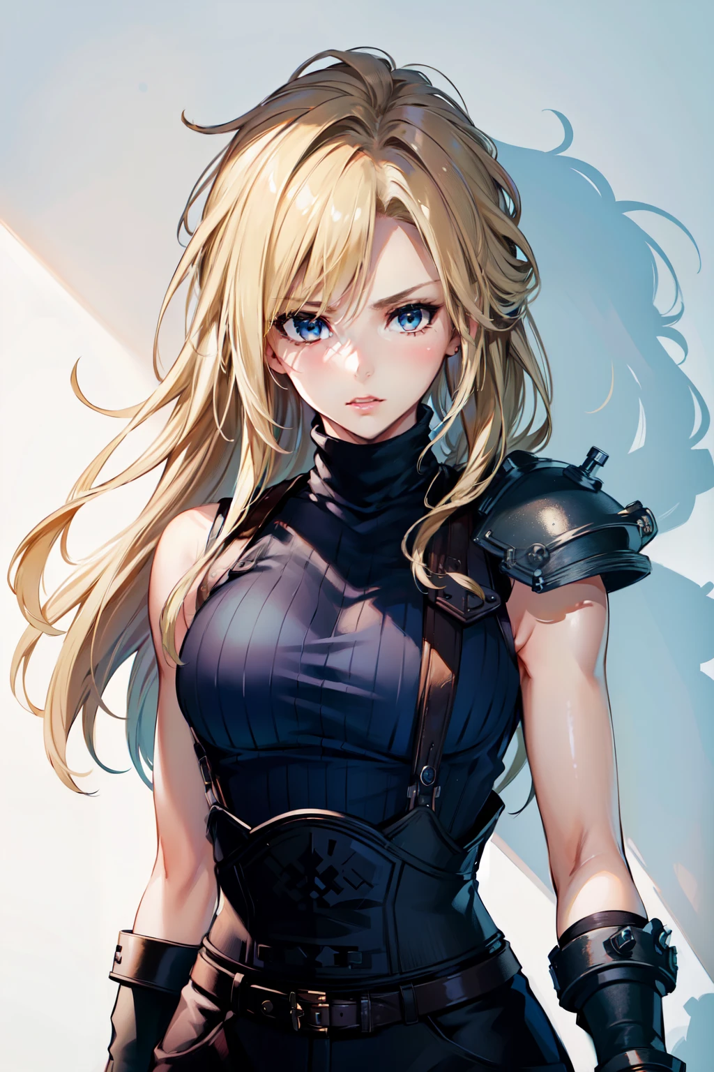 (masterpiece, best quality:1.2), expressive eyes, perfect face, highres, 1 girl, solo, (female:1.5), strife, blonde hair, shoulder armor, sleeveless turtleneck, suspenders, belt, gloves, bracer, blushing, surprised face, standing, portrait, looking at viewer,