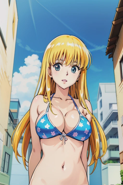 (anime cels style, Masterpiece, best quality, high resolution, anime colored, megami magazine:1.2, anime poster style, anime keyvisual, sharp, 8k, photorealistic), (beautiful eyes:1.5), reiko_aiwaifu, 1woman, milf, blond hair, long hair, (sagging huge breast), micro bikini, cleavage, (upper body:1.5), sitting, (perfect detailed anatomy, perfect arms, perfect fingers, beautiful face, perfect body, shiny skin), beach, 