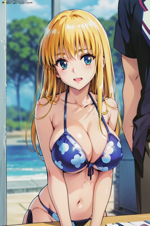 (anime cels style, Masterpiece, best quality, high resolution, anime colored, megami magazine:1.2, anime poster style, anime keyvisual, sharp, 8k, photorealistic), (beautiful eyes:1.5), reiko_aiwaifu, 1woman, milf, blond hair, long hair, (sagging huge breast), micro bikini, cleavage, (upper body:1.5), sitting, (perfect detailed anatomy, perfect arms, perfect fingers, beautiful face, perfect body, shiny skin), beach,