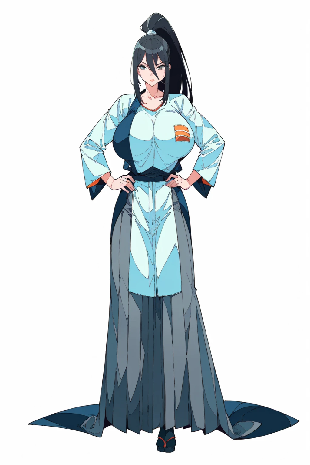 (masterpiece, bestquality, ultra-detailed, 8K high resolution, artstation on trending, Detailed Design:1.2),
middle ages, medieval times, Medieval European fantasy,
wind,
(flat design, ligne claire, photorealistic:1.7),
(1girl, fullbody, looking at viewer, front view:1.8),
(very long high ponytail, japanese,white samurai woman, (dark gray hakama:1.2), hakama skirt, Kendo uniform, black hair, long bangs between the eyes, Yamato Nadeshiko:1.4),
(gigantic saggy breasts, gigantic hard nipples:1.1), (Clothes that are completely stuck to the chest, impossible clothes:1.4), Impossible clothing with perfectly shaped extremely gigantic puffy nipples, (pawg), (thin thighs, thick calf), slender body, (thin waist), mature milf, puffy lip, lewd, vulgar, erotic, A little tall,
(standing contrapposto pose, spread legs, Hands on hips:1.2),
(SFW Clothing:2.1),
(white background:1.8),