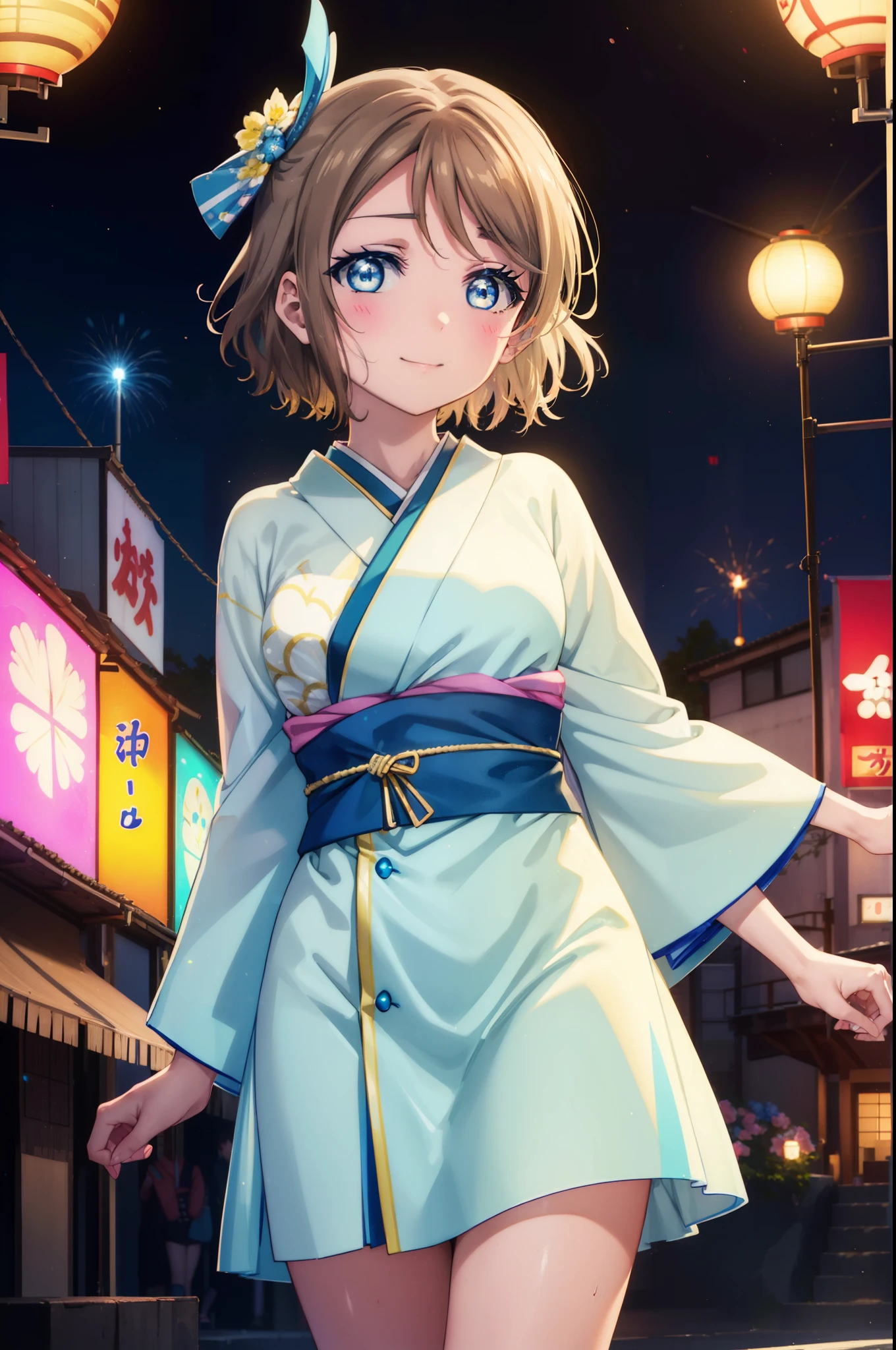 Yowatanabe, Watanabe Yo, short hair, blue eyes, brown hair, blush,Blue hair band,happy smile, smile, Open your mouth,Blue Kimono,White tabi sandals,日本のfestival，夏festivalの屋台、Red lantern,Fireworks display,night,moonlight,
break outdoors, festival,
break looking at viewer, (Cowboy Shot:1.5),
break (masterpiece:1.2), highest quality, High resolution, unity 8k wallpaper, (figure:0.8), (Beautiful fine details:1.6), Highly detailed face, Perfect lighting, Highly detailed CG, (Perfect hands, Perfect Anatomy),