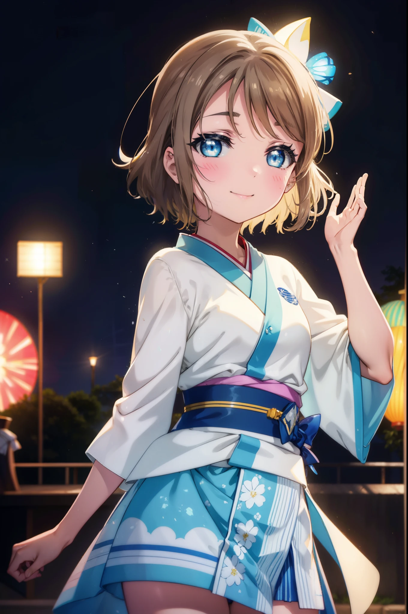 Yowatanabe, Watanabe Yo, short hair, blue eyes, brown hair, blush,Blue hair band,happy smile, smile, Open your mouth,Blue Kimono,White tabi sandals,日本のfestival,夏festivalの屋台、Red lantern,Fireworks display,night,moonlight,
break outdoors, festival,
break looking at viewer, (Cowboy Shot:1.5),
break (masterpiece:1.2), highest quality, High resolution, unity 8k wallpaper, (figure:0.8), (Beautiful fine details:1.6), Highly detailed face, Perfect lighting, Highly detailed CG, (Perfect hands, Perfect Anatomy),