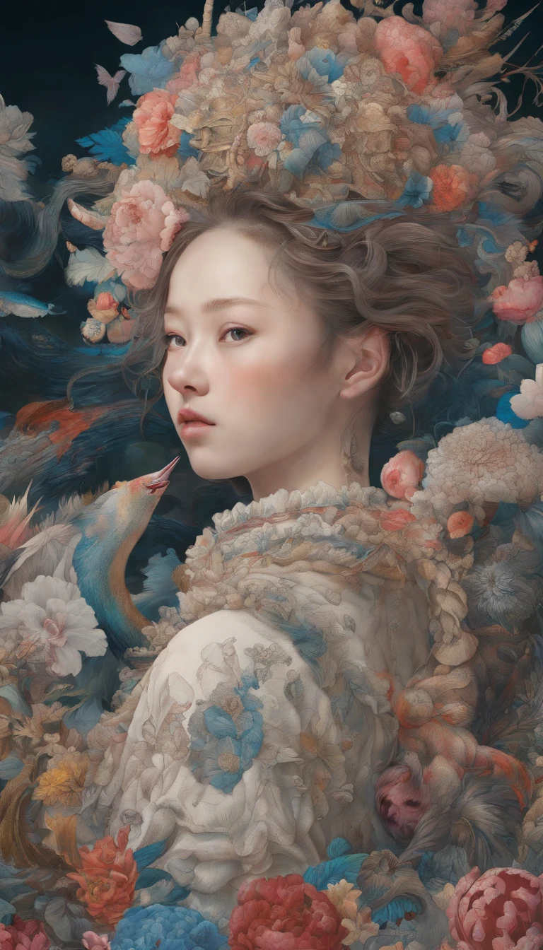 official art, unity 8k wallpaper, ultra detailed, beautiful and aesthetic, masterpiece, best quality, chinese style, (zentangle, mandala, tangle, entangle), ecstasy of flower, 1girl, extremely detailed, dynamic angle, cowboyshot, the most beautiful form of chaos, elegant, a brutalist designed, vivid colours, romanticism, by james jean, roby dwi antono, ross tran, francis bacon, michal mraz, adrian ghenie, petra cortright, gerhard richter, takato yamamoto, ashley wood, atmospheric