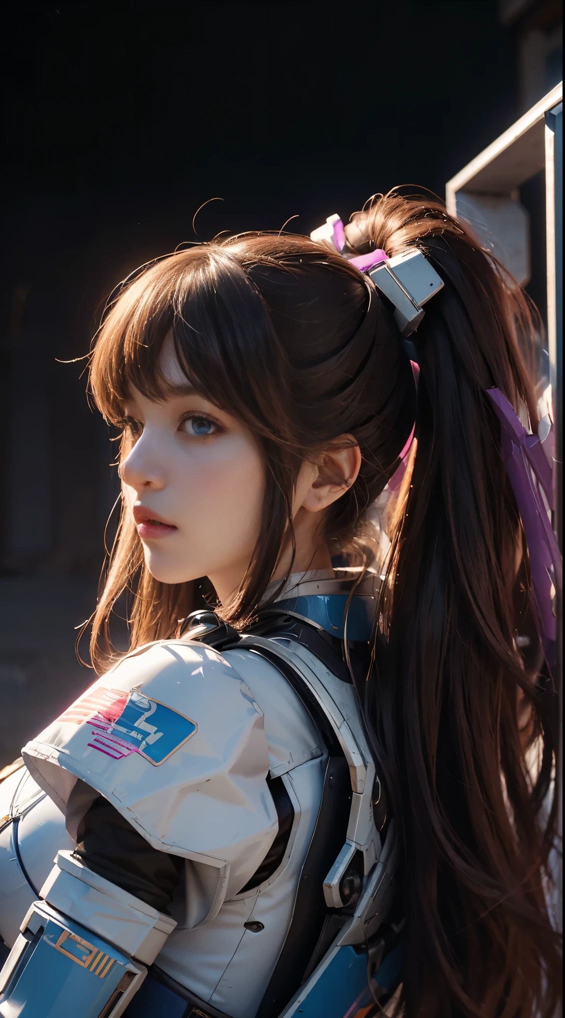 RAW, Masterpiece, Ultra Fine Photo,, Best Quality, Ultra High Resolution, Photorealistic, Sunlight, Full Body Portrait, Stunningly Beautiful,, Dynamic Poses, Delicate Face, Vibrant Eyes, (Side View) a close up of a woman in a pink and white gundam custume, dybamic pose, long brown very very long hair rapunzel, girl in mecha cyber armor, portrait armored astronaut girl, d. va from overwatch, female mecha, on a gundam, gundam head, chiho aoshima color scheme, mobile suit, streamlined purple armor, fully robotic!! girl, realistic cosplay, gundam armor (dynamic pose) (best cameraview), full body