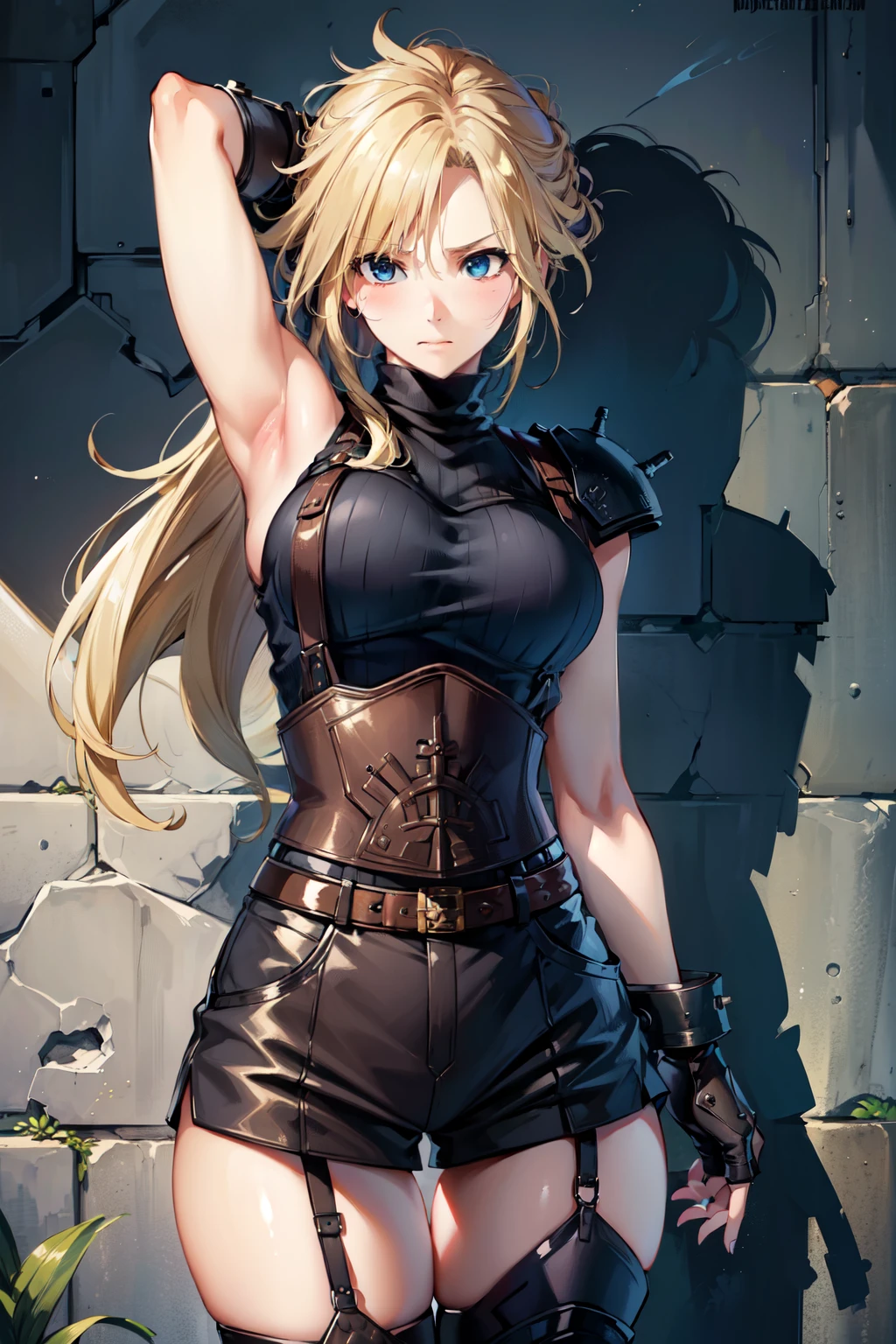 (masterpiece, best quality:1.2), expressive eyes, perfect face, highres, 1 girl, solo, (female:1.5), strife, blonde hair, shoulder armor, sleeveless turtleneck, suspenders, belt, gloves, bracer, blushing, surprised face, standing, portrait, looking at viewer,