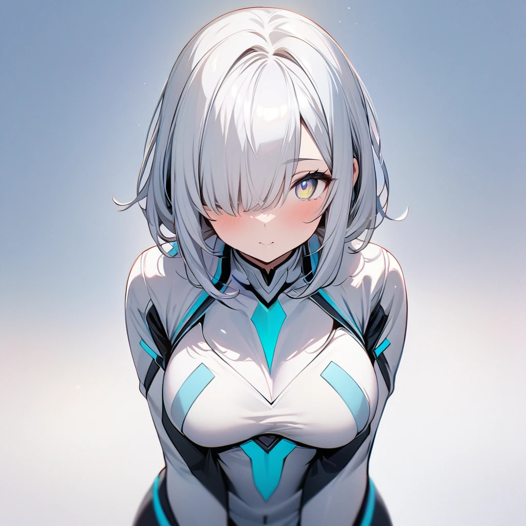 Blue Star,Twin tails,Top view,Standing on a white floor,Blue light pattern,Bodysuits,胸元が開いて肌が露出したBodysuits