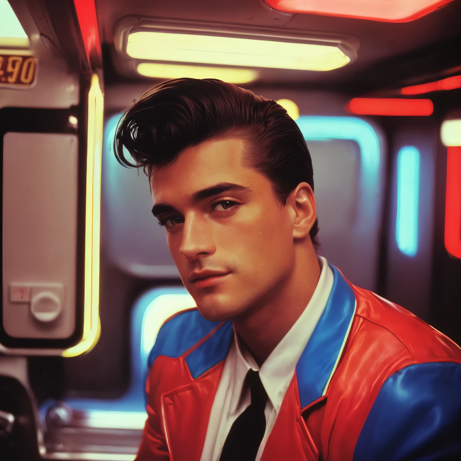 80s photograph, portrait, analogue photo of a handsome man with short hair in a 1980 disco interior, neon lights red and blue lights, high fashion suit in the style of Luis Vuitton, model poses, masterpiece, eye level, Kodak Funsaver, Porta 160, 20mm, bokeh, ((in the style of Nan Goldin)), textured, distressed, vintage, edgy, noisy, kitsch, high contrast