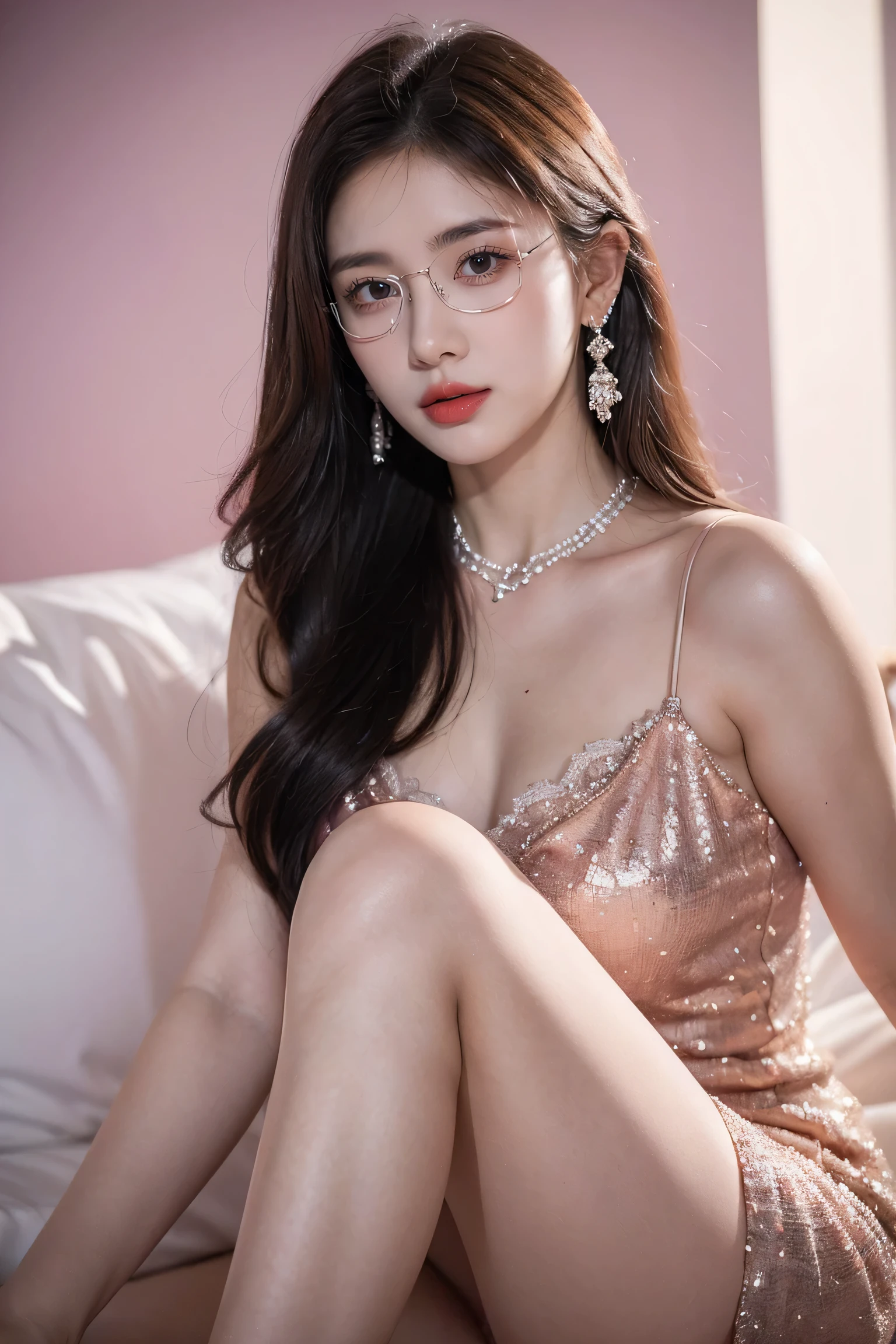 Top CG, Highest image quality, masterpiece, Gentle and beautiful girl, (185cm美女), (fit), Imperial sister, Queen temperament, White skin, ((Long legs)), perfect facial features, Bright Eyes, Seductive pose, Red lips, Beautiful and cold (A major breakthrough)), Beautiful and heroic, Soft and long hair, sparkling, Lace, net, Visible through clear skin, wear glasses, diamond earrings, ruby neckLace, (Purple evening dress), 8K Image Quality, (Realistic Portraits), Characters fill the screen, (Facial lighting), ((eternity)