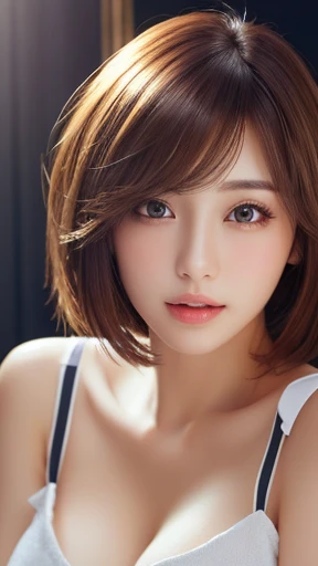 masterpiece、highest quality、High resolution、Tabletop、wallpaper、Realistic、Bright lighting、Professional Lighting、Smooth lighting、Japanese women、Adult、Beautiful woman、gravure、sexy、so beautiful、Beautiful Skin、Beautiful and detailed、Detailed face、slim、short hair、Brunette colored hair、Brown eyes