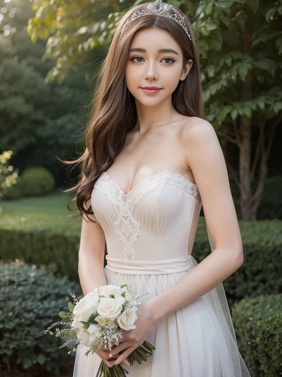 Wedding dress,bride,Waiting for love,Beautiful and delicate eyes,Beautiful and delicate lips,Extremely detailed eyes and face,long eyelashes,fairytale atmosphere,soft light,romantic mood,Stunning background,flowers,dream colors,Emotional expression,romantic pose,blurred background,sparkling veil,Delicate lace,Sparkling tiara,Elegant hairstyle,vintage decor,Vintage furniture,ethereal atmosphere,breeze,whispering tree,cute smile,anticipatory,Heartfelt emotions,gentle and loving,graceful movements,Soft and gentle touch,Warm and tender moments,romantic atmosphere,lifelike masterpiece,Highest quality 4k resolution,studio lighting,bright colors