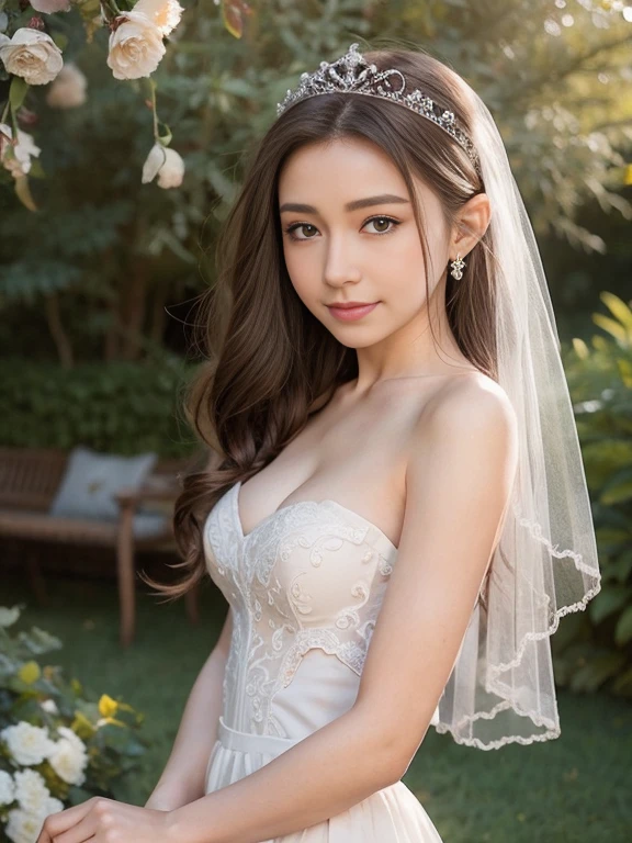 Wedding dress,bride,Waiting for love,Beautiful and delicate eyes,Beautiful and delicate lips,Extremely detailed eyes and face,long eyelashes,fairytale atmosphere,soft light,romantic mood,Stunning background,flowers,dream colors,Emotional expression,romantic pose,blurred background,sparkling veil,Delicate lace,Sparkling tiara,Elegant hairstyle,vintage decor,Vintage furniture,ethereal atmosphere,breeze,whispering tree,cute smile,anticipatory,Heartfelt emotions,gentle and loving,graceful movements,Soft and gentle touch,Warm and tender moments,romantic atmosphere,lifelike masterpiece,Highest quality 4k resolution,studio lighting,bright colors