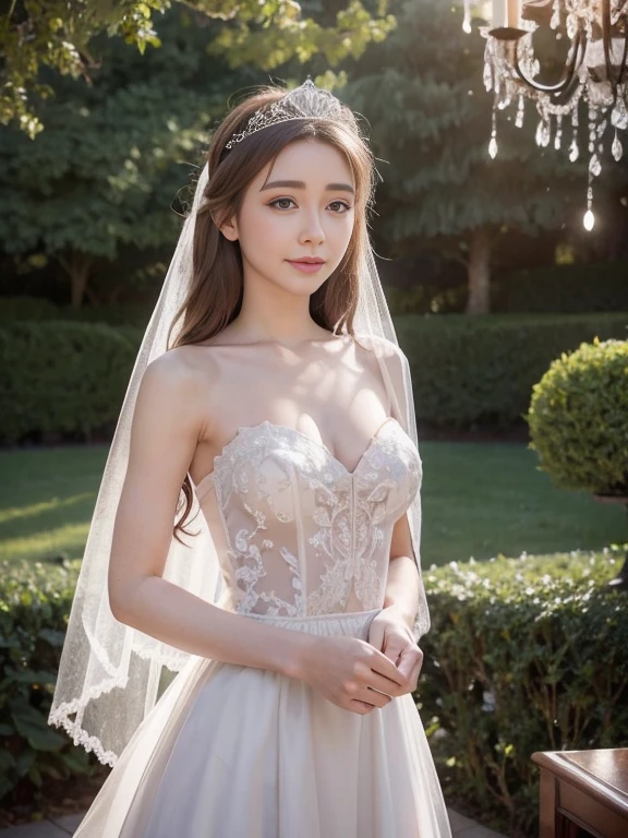 Wedding dress,bride,Waiting for love,Beautiful and delicate eyes,Beautiful and delicate lips,Extremely detailed eyes and face,long eyelashes,fairytale atmosphere,soft light,romantic mood,Stunning background,flowers,dream colors,Emotional expression,romantic pose,blurred background,sparkling veil,Delicate lace,Sparkling tiara,Elegant hairstyle,vintage decor,Vintage furniture,ethereal atmosphere,breeze,whispering tree,cute smile,anticipatory,Heartfelt emotions,gentle and loving,graceful movements,Soft and gentle touch,Warm and tender moments,romantic atmosphere,lifelike masterpiece,Highest quality 4k resolution,studio lighting,bright colors