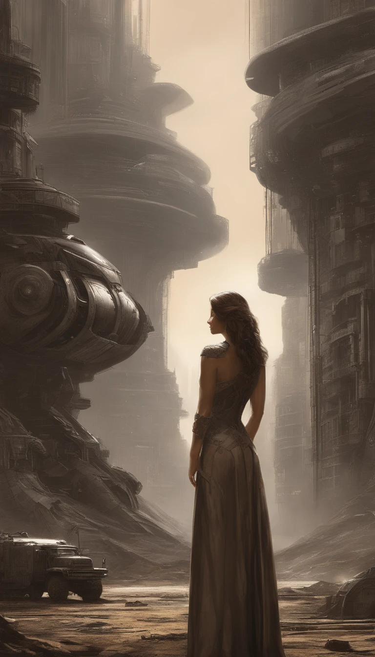 there is a woman in a dress standing in front of a giant robot, by Don Maitz, portrait of sofia vergara, promotional art, attractive brown hair woman, retropunk, protagonist in foreground, inspired by Louis Pohl, mechanic, anime visual of a young woman, compute shader, inspired by Donato Giancola, youtube thumbnail, chrome art  