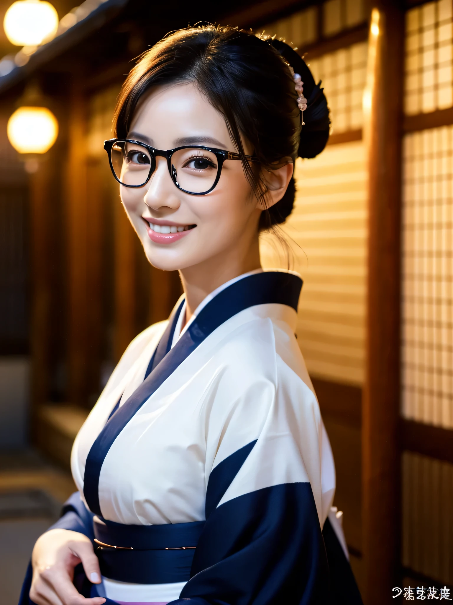 (Super beautiful woman in kimono)、((highest quality、8K masterpiece:1.3))、sharp focus:1.2、(super beautiful face:1.0)、(shiny skin:1.0)、realistic pictures、black hair、video lighting、High resolution eyes and face、video lighting、japanese actress、from the front、big breasts、with a happy smile、Slender abs beauty、whole body、wearing a kimono、in Kyoto、luxury obi、In Kyoto at night、wearing glasses with no edge