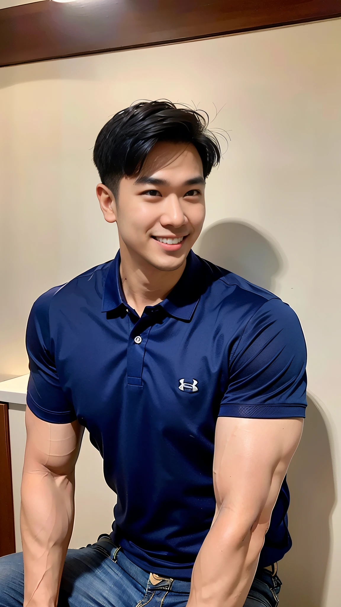 1 man, smile, (Wear a navy blue polo shirt., round neck, short sleeve shirt ยี่ห้อ under armor), Jeans, Korean guy , korean men, (High gloss details), chest muscles, Big arm muscles, blood vessel, big muscles, Broad shoulders, looking at the audience, Balancing the eyes, (Make eye contact), White house without trees