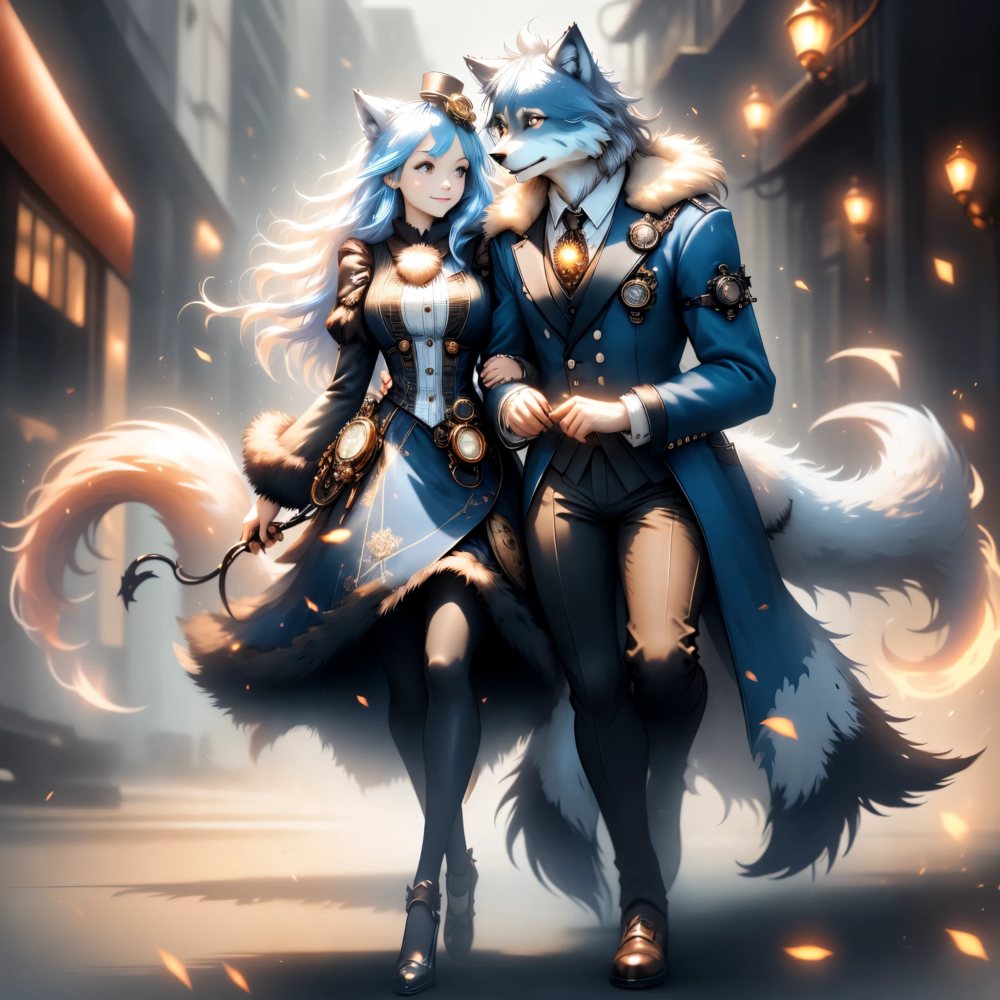 man and woman, wolf man, wolf woman, full body portrait, full fur, magic fur, full tail, big tail, magic tail, magic hair, long hair, bushy hair, hair, hair with a brooch (shaped brooch 'gear), almond-shaped eyes, blue eyes, shy smile, charming face, red cheek, long dress (dark blue color in steampunk style), worn tights, black tights, heeled shoe, steampunk shoe, background with steampunk city ( a woman wolf walking in the city), lots of people in the street