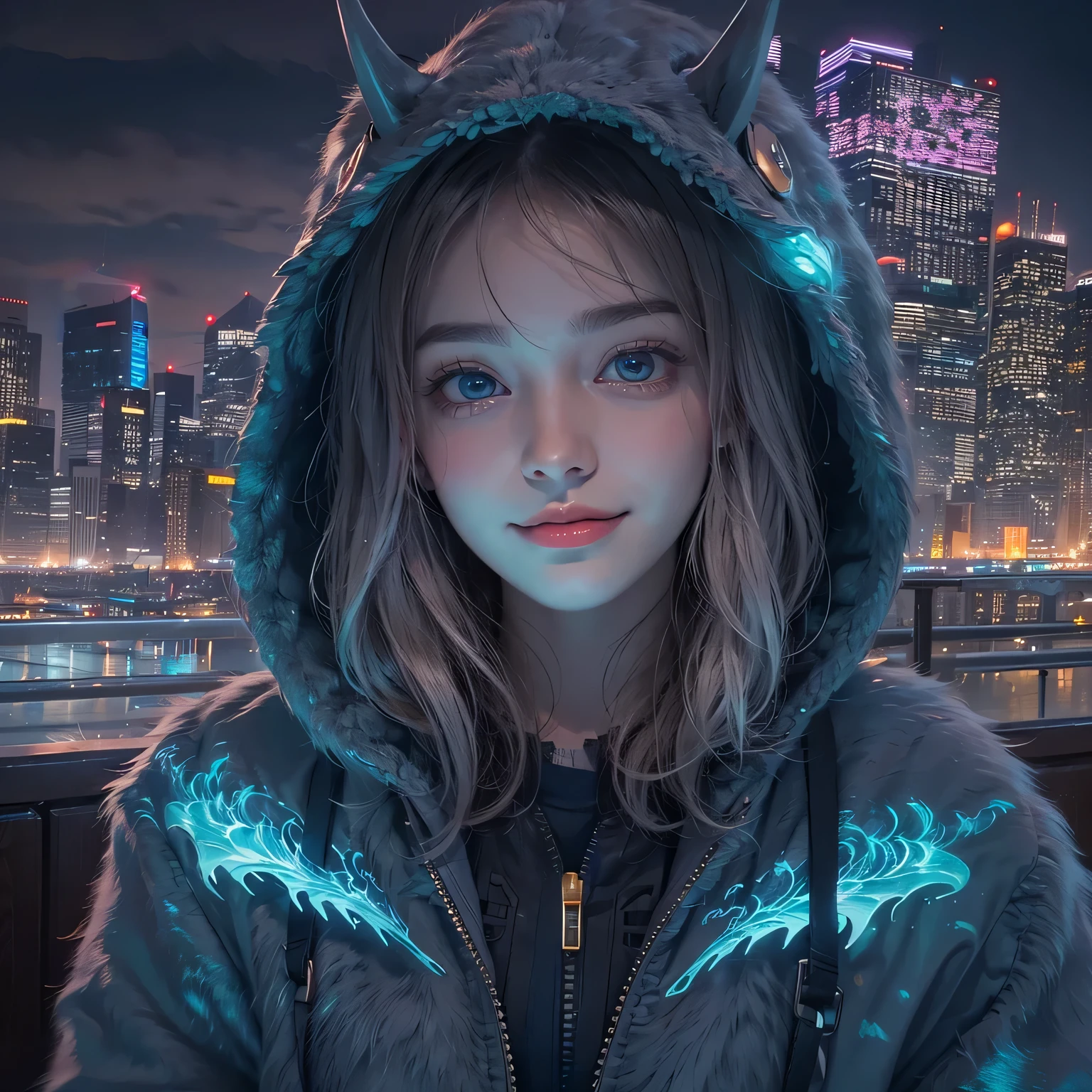"connect naturally",cute eyes glowing blue,golden zipper,building glowing pink