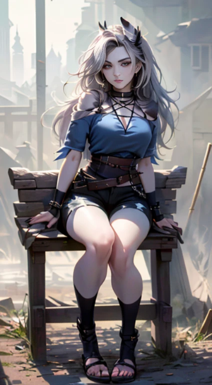 highres, 1 girl, ((Haare bedecken ein Auge, for him shorts, detailliertes Gesicht, Stachelhalsband, Pentagramm auf der Brust, lange Beine, gelangweiltes Gesicht, Feet, for him cauda, Wissenschaft, dentro da Wissenschaft, luvas for him, Auf einer Bank sitzen))), Allein, bauchfreies Top, vollbusig, Full body, Magen, Thin waist, big hips, ((((Stirn)))), for him, schwarze Oberschenkel, pelzig, for the, der Zweite, rote Augen, Pfoten