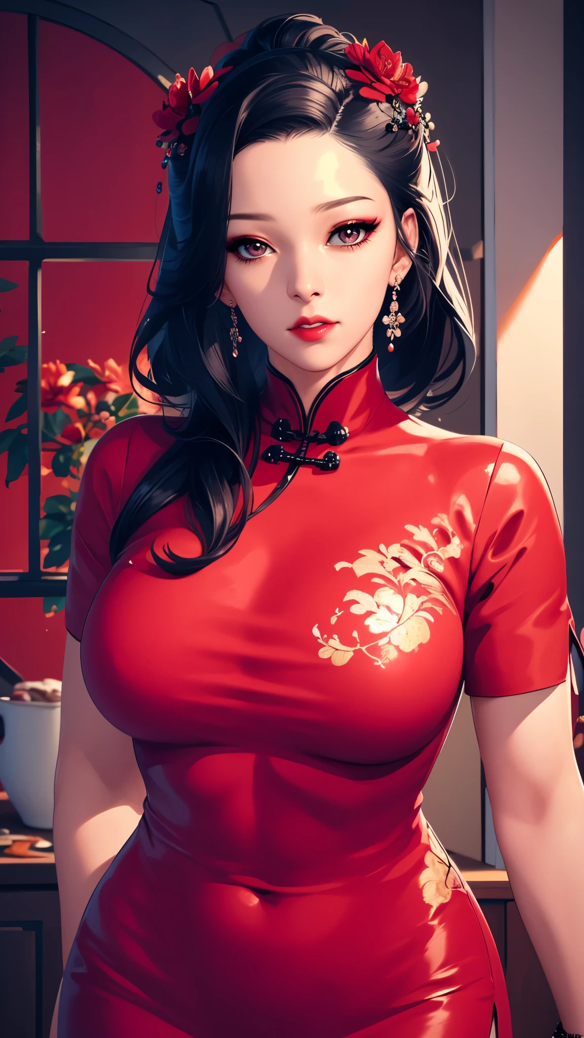 （（（完美figure，figure，（（（qipao，chinese clothes,red dress,china dress, （（（hinata\(boruto\),purple hoodie,brown pants,black shirt, apron））），））），（（（ailisha，long hair,hair ornament,jewelry,earrings,hair flower,red lips,makeup,short sleeves,lipstick,facial mark,parted lips,eyelashes,eyeshadow,very long hair,））），((masterpiece)),high resolution, ((Best quality at best))，masterpiece，quality，Best quality，（（（ Exquisite facial features，Looking at the audience,There is light in the eyes，(（（lol，confidence））)，））），型figure:1.7））），（（（Light and shadow，Huge breasts））），（（（Looking at the camera，black background，）））