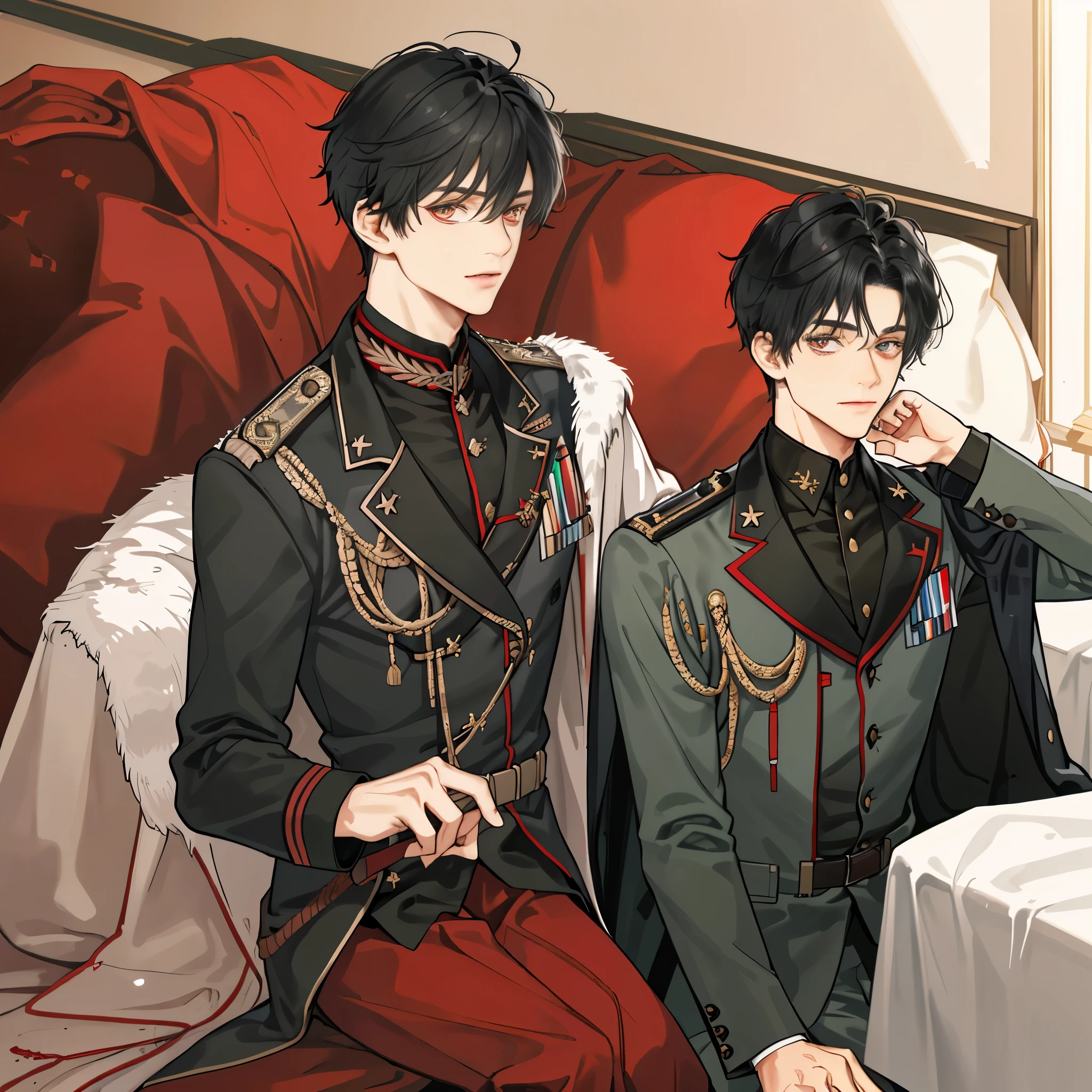 ((portrait)), (a boy), short hair, ((military uniform)), ((light black hair)), ((scarlet color eyes)), high quality 