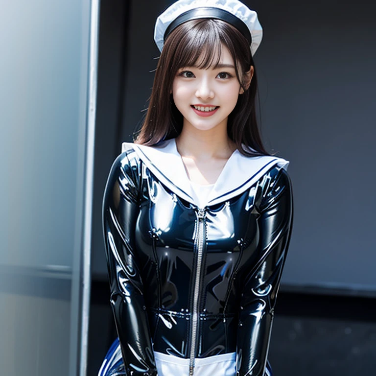 A young and beautiful woman、very beautiful、Top Idol、Euphoric look、smile、sweating、Dance hard、Hair is moving、((Tight transparent latex sailor suit:1.45))、(ribbon、Sailor Hat)、(The concert stage)、Spotlight、View your viewers、