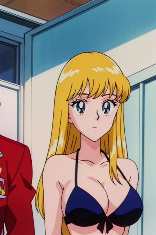 (anime cels style, Masterpiece, best quality, high resolution, anime colored, megami magazine:1.2, anime poster style, anime keyvisual, sharp, 8k, photorealistic), (beautiful eyes:1.5), reiko_aiwaifu, 1woman, milf, blond hair, long hair, (sagging huge breast), micro bikini, cleavage, (upper body:1.5), sitting, (perfect detailed anatomy, perfect arms, perfect fingers, beautiful face, perfect body, shiny skin), beach, 