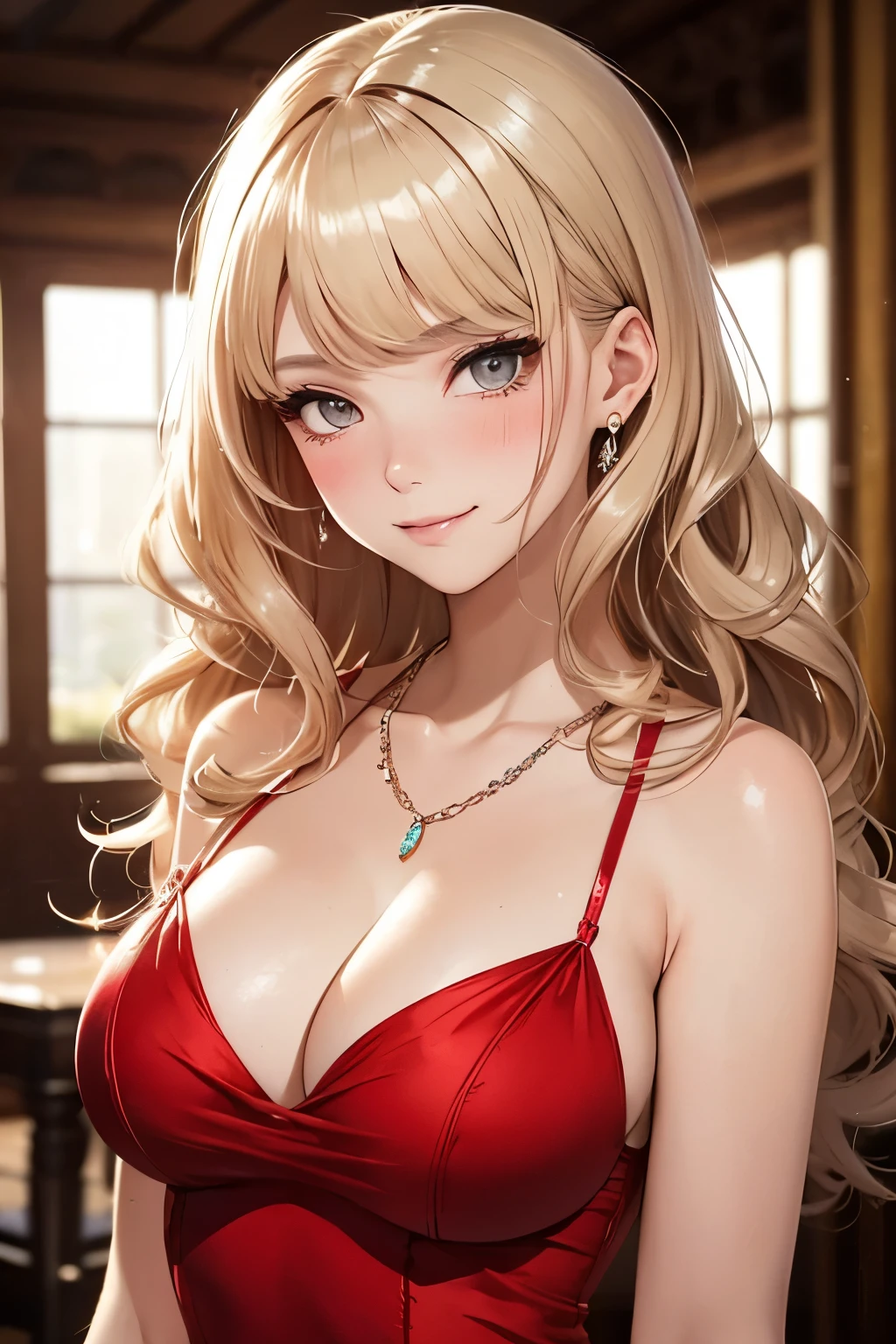 (One frontal photo), upper body, Beautiful face, Highly detailed face and skin texture, Grey eyes, kind smile, (blush), Glitter eyeliner:1.2, Shiny skin, Light skin: 1.2, (20 years old), (Long wavy hair, blonde hair, Parted bangs), large breasts, (cleavage:0.8), ((shiny red night dress)), necklace, palace indoor