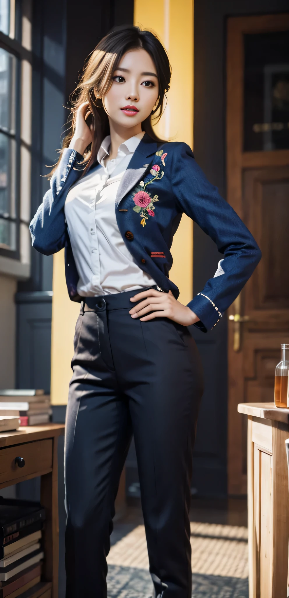 1girl, (best quality, masterpiece, super high resolution), (realistic:1.4), (realistic:1.4), (long legs: 1.3), (shut up), (light smile: 1.2), (expressive hair: 1.2), (long suit: 1.2), (collared shirt: 1.2), (trousers: 1.2), (embroidery: 1.2), (daytime: 1.3), (bright lights: 1.3), indoors, view from behind, glamorous, attractive, lively and seductive, full , buttocks, (hands on hips), (standing), (slender), (slender legs), (perfect body: 1.2), (side facing), shiny skin, blushing nose.