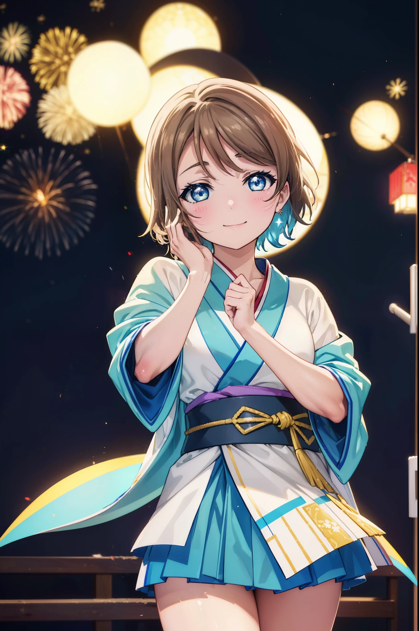 Yowatanabe, Watanabe Yo, short hair, blue eyes, brown hair, blush,Blue hair band,happy smile, smile, Open your mouth,Blue Kimono,White tabi sandals,日本のfestival,夏festivalの屋台、Red lantern,Fireworks display,night,moonlight,
break outdoors, festival,
break looking at viewer, (Cowboy Shot:1.5),
break (masterpiece:1.2), highest quality, High resolution, unity 8k wallpaper, (figure:0.8), (Beautiful fine details:1.6), Highly detailed face, Perfect lighting, Highly detailed CG, (Perfect hands, Perfect ???????),