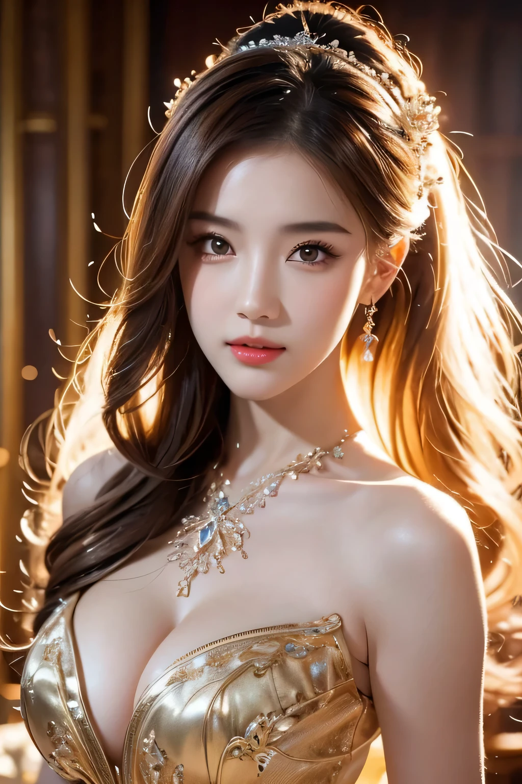 High-quality work,Realistic works,Super premium graphics,8K HD CG works,high quality graphics,High-definition and exquisite CG works,10x pixels,Ultra-fine details:1.1,Advanced technical details:1.1Realistic photo effects,Interior lighting effects:1.5,natural soft light:1.5. Light effect(Virtual light effects:1.8),ultra high resolution,shining dress,sliver long hair,silber hair,transparenthair,high detailed hair(Quality hair details:1.1)Clear eyes,Double eyelids look good,Sharp eye makeup, Create exquisite eyelash makeup, tthin eyebrows, Ultra-detailed eyes,a tall nose, lovely red lips, rosey cheeks, With delicate makeup on her face , pretty face, The face shape is perfectly proportioned,(Advanced facial details:1.1)Close-up of a woman in a platinum gold dress, chengwei pan on artstation, by Yang J, detailed fantasy art, stunning character art, fanart best artstation, epic exquisite character art, beautiful armor, extremely detailed artgerm, detailed digital anime art, artgerm on artstation pixiv, armor girl,Women's artwork,Dress full body video,Realism,Amazing Cleavage,My eyes are very bright today