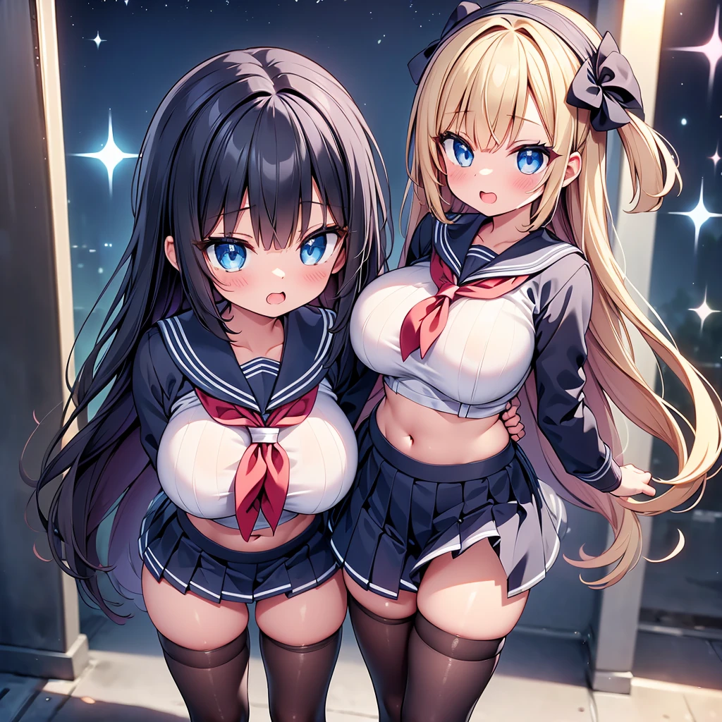 (cute eyes:1.2), (sparkling eyes:1.2), highest quality,wonderful,finely,extremely detailed CG Unity 8K wallpaper, Sisters flock together, all girls are sisters, clone, Identical sisters, (sailor uniform, clothed), (huge breasts), (open mouth:1.1), (long tongue:1.1), (mouth drool:1.1), (black stockings:1.1),(Thighs:1.3),(Waistline:1.1),(midriff peek:1.1)