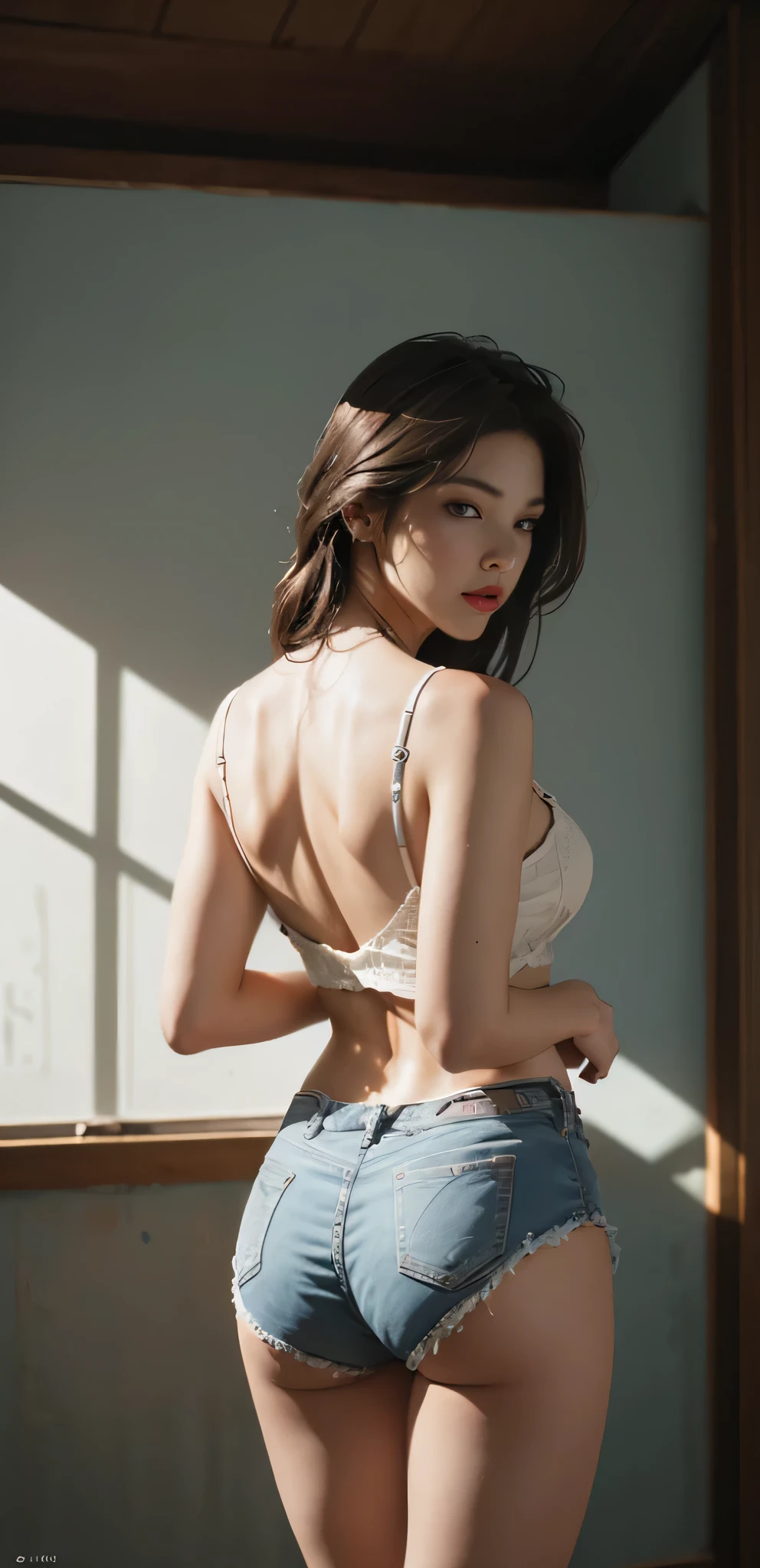 (RAW photo, 4k, masterpiece, high res, extremely intricate) (photorealistic:1.4), cinematic lighting
1girl, solo focus, summer noon, hot, 1990s \(style\),cowboy shot, indoors, view from behind.