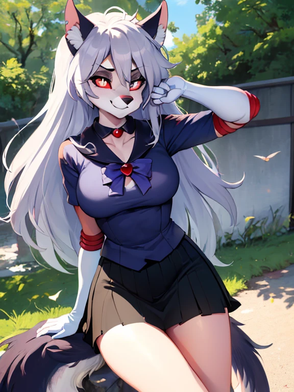1 girl, ((loona hellhound:1.2)) (pelzig:1.2), (flauschige:1.1), (anthro:1.2), (Schnauze:1.2), smile, Stachelhalsband, lange Haare, (loonaMatrosesenshiunifrom:1.1), (geschlitzte Pupillen:1.1, White eyes:1.1, rote Sklera), Dach, Pflanzen, urban, Meisterwerk, best quality, highres, sv1, Matrose senshi uniform, Ellenbogen-Handschuhe, Tiara, Schwarze Schleife, black Matrose collar, White gloves, Schmuck, white jersey, black Matrose skirt, Matrose_Mondpose