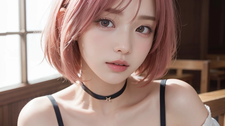 (Bob Cut Hair, Pink Hair:1.2),(Wearing a choker, Wearing a blouse:1.2),1 girl,Japanese,21 years old,(Small breasts:1.3),(highest quality,masterpiece:1.3,超A high resolution,),(Ultra-detailed,Caustics),(Photorealistic:1.4,RAW shooting,)Ultra-Realistic Capture,Very detailed,High resolution 16K human skin close-up。 Natural skin texture、,Pores、、It needs to be detailed enough to be easily identifiable。 Skin should be even-toned and healthy looking。 Use natural light and colour, Sad expression, Looking at the camera, Perfect dynamic composition, Inside the church