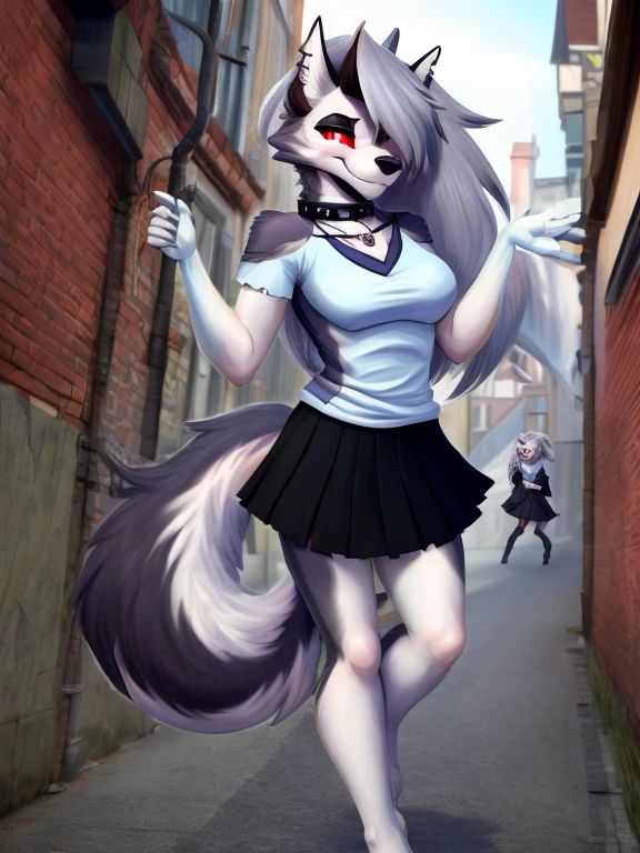 1 girl, ((loona hellhound:1.2)) (pelzig:1.2), (flauschige:1.1), (anthro:1.2), (Schnauze:1.2), smile, Stachelhalsband, lange Haare, (loonaMatrosesenshiunifrom:1.1), (geschlitzte Pupillen:1.1, White eyes:1.1, rote Sklera), Dach, Pflanzen, urban, Meisterwerk, best quality, highres, sv1, Matrose senshi uniform, Ellenbogen-Handschuhe, Tiara, Schwarze Schleife, black Matrose collar, White gloves, Schmuck, white jersey, black Matrose skirt, Matrose_Mondpose