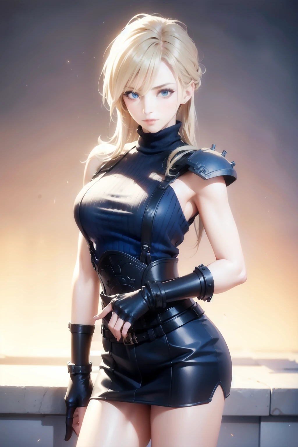 (masterpiece, best quality:1.2), expressive eyes, perfect face, highres, 1 girl, solo, (female:1.5), strife, blonde hair, shoulder armor, sleeveless turtleneck, suspenders, belt, gloves, bracer, blushing, surprised face, standing, portrait, looking at viewer,