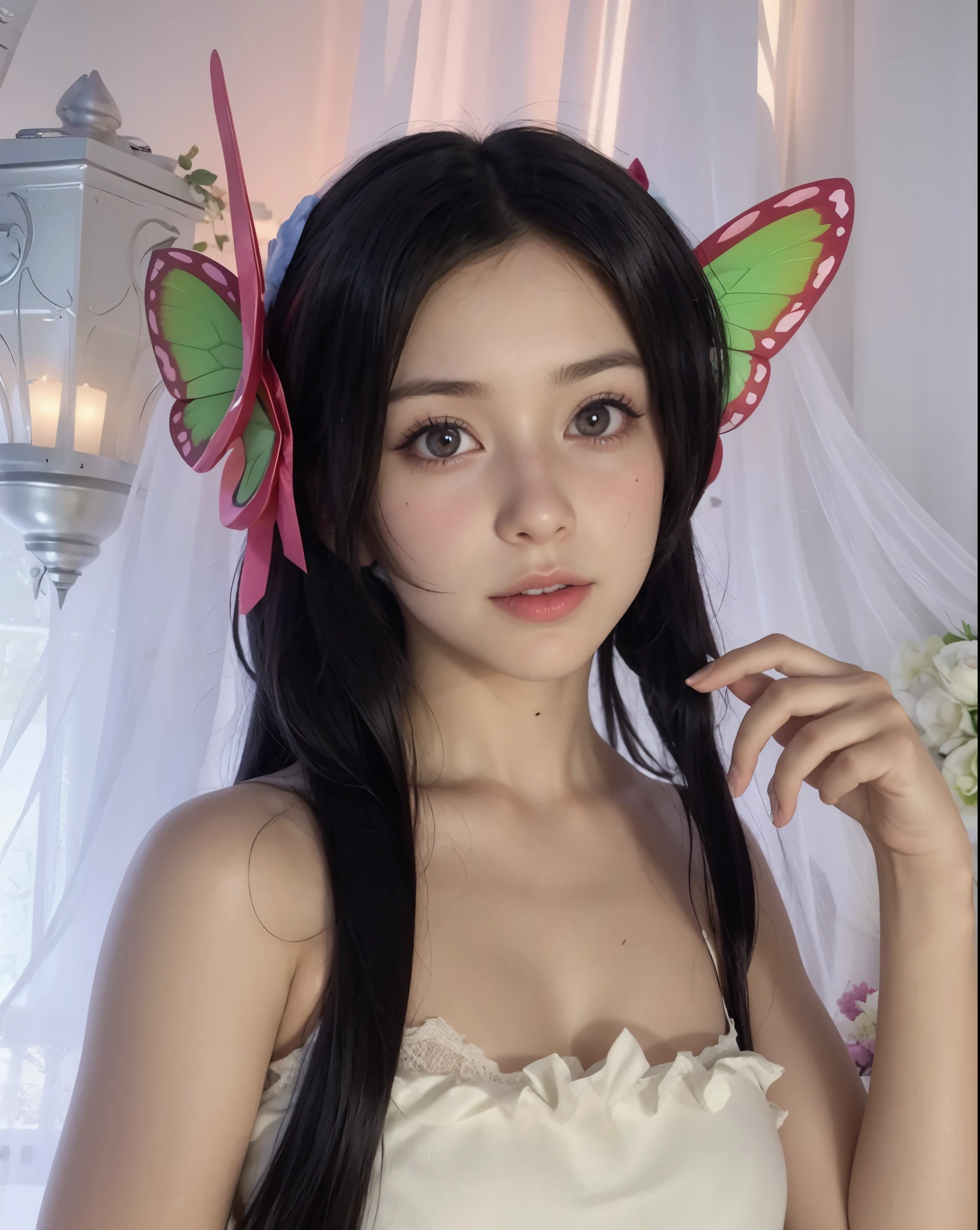 there is a woman with a butterfly headband posing for a picture, seductive tifa lockhart portrait, anime girl cosplay, irelia, anime cosplay, anime girl in real life, tifa lockhart, tifa, cosplay, anime thai girl, zhongli from genshin impact, rin, ahri, tifa lockheart, by Yang J, anime waifu