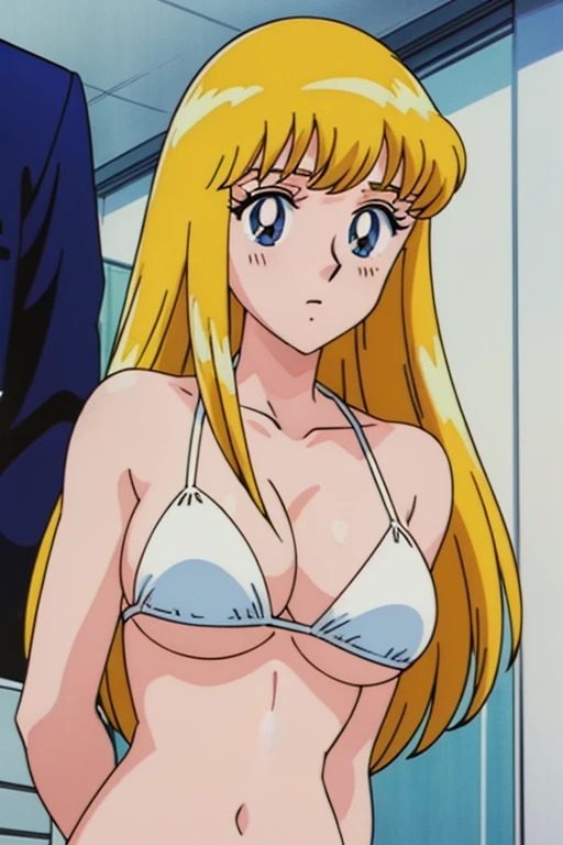 (anime cels style, Masterpiece, best quality, high resolution, anime colored, megami magazine:1.2, anime poster style, anime keyvisual, sharp, 8k, photorealistic), (beautiful eyes:1.5), reiko_aiwaifu, 1woman, milf, blond hair, long hair, (sagging huge breast), micro bikini, cleavage, (upper body:1.5), standing, (perfect detailed anatomy, perfect arms, perfect fingers, beautiful face, perfect body, shiny skin), simple background, 