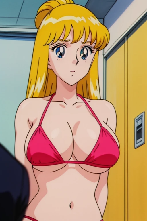 (anime cels style, Masterpiece, best quality, high resolution, anime colored, megami magazine:1.2, anime poster style, anime keyvisual, sharp, 8k, photorealistic), (beautiful eyes:1.5), reiko_aiwaifu, 1woman, milf, blond hair, long hair, (sagging huge breast), micro bikini, cleavage, (upper body:1.5), standing, (perfect detailed anatomy, perfect arms, perfect fingers, beautiful face, perfect body, shiny skin), simple background, 