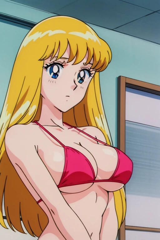(anime cels style, Masterpiece, best quality, high resolution, anime colored, megami magazine:1.2, anime poster style, anime keyvisual, sharp, 8k, photorealistic), (beautiful eyes:1.5), reiko_aiwaifu, 1woman, milf, blond hair, long hair, (sagging huge breast), micro bikini, cleavage, (upper body:1.5), standing, (perfect detailed anatomy, perfect arms, perfect fingers, beautiful face, perfect body, shiny skin), simple background,