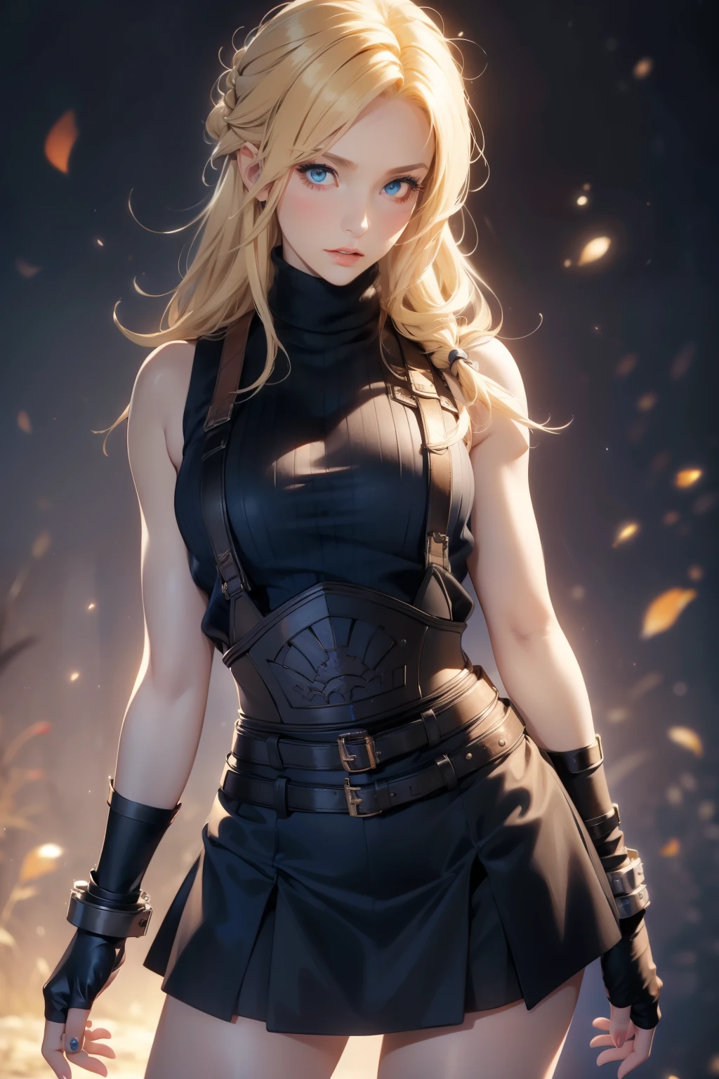 (masterpiece, best quality:1.2), expressive eyes, perfect face, highres, 1 girl, solo, (female:1.5), strife, blonde hair, shoulder armor, sleeveless turtleneck, suspenders, belt, gloves, bracer, blushing, surprised face, standing, portrait, looking at viewer,